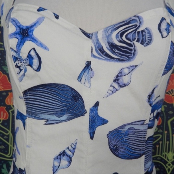 Avec Les Filles Blue White Fish Seashell Nautical Fit Flare Dress 6 - Picture 2 of 5